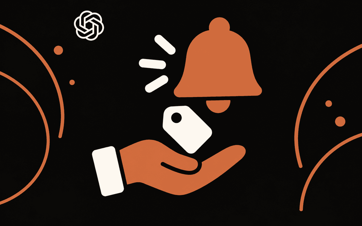OpenAI ChatGPT mark above a terracotta event chime, notification rays, and a task token passing into an open hand, against a near-black field.