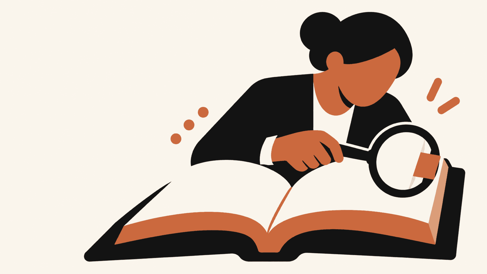 Illustration of a lawyer using a magnifying glass to inspect a citation tab in an open legal book.