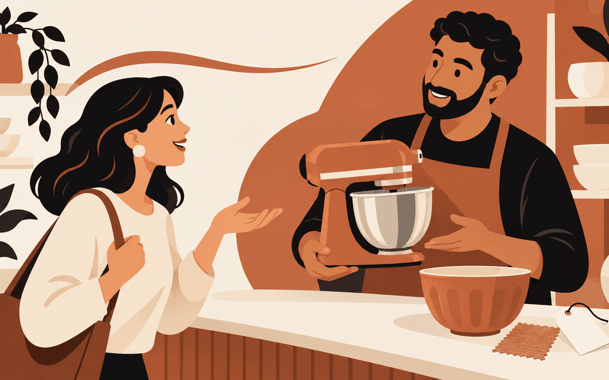 A shopper asks a product specialist to match a product question to a stand mixer, with the matching bowl displayed beside it.