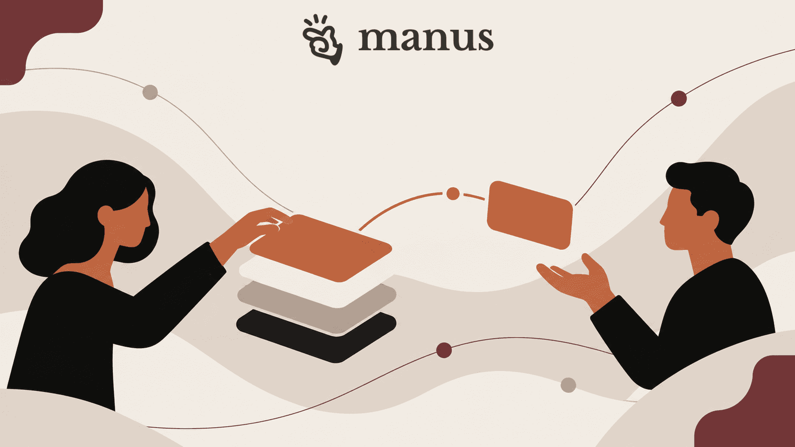 The official Manus glyph sits above collaborators handing off an editable project.