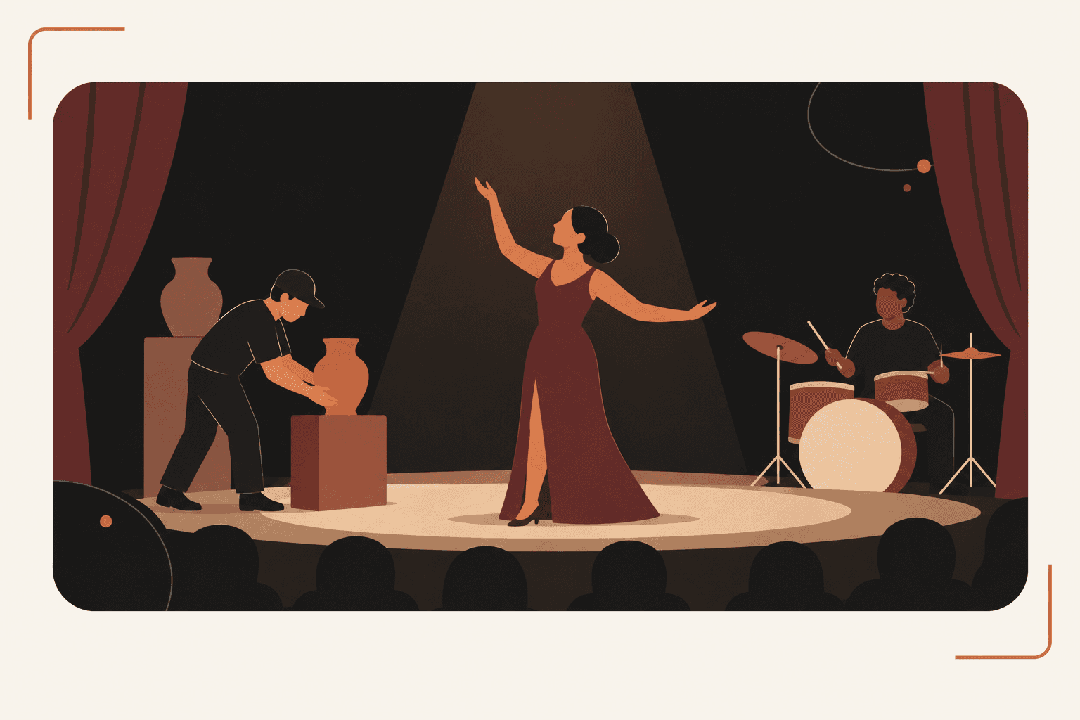A performer changes one stage element while the singer and drummer continue unchanged.