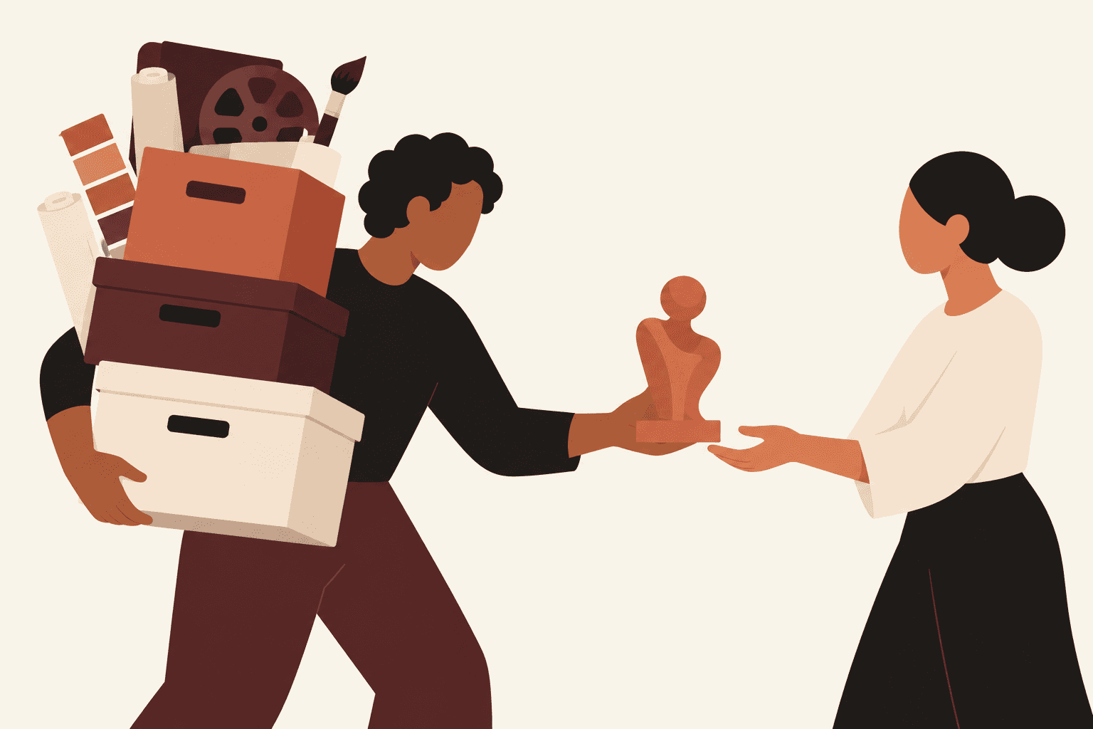 A project owner carries source materials while handing off one finished object to a collaborator.