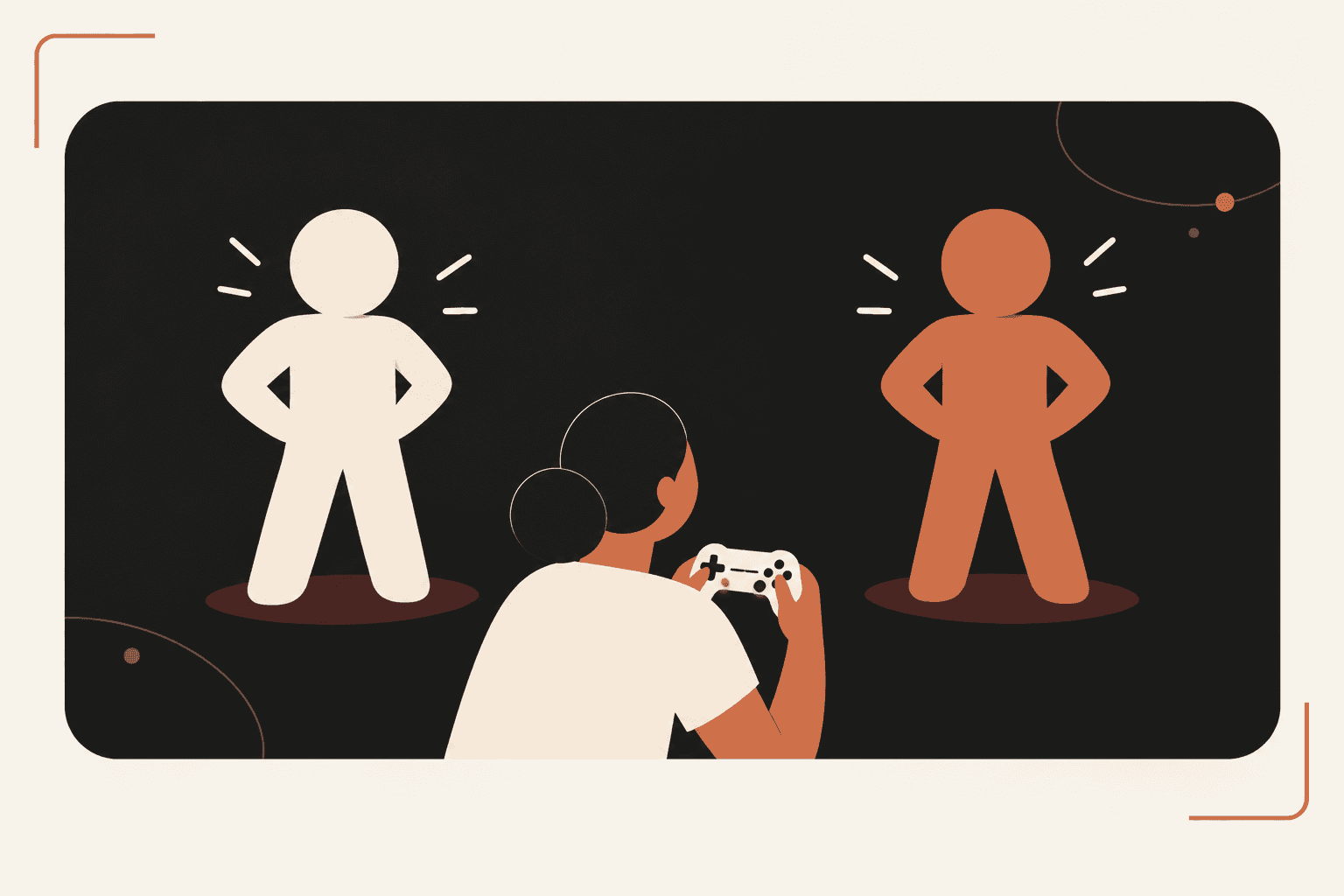 A tester compares two player avatars that differ in color while holding a game controller.