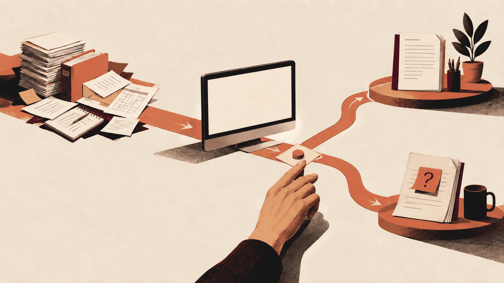 Editorial illustration of a person choosing a computer-use workflow between a paperwork-heavy process and a clear decision path.