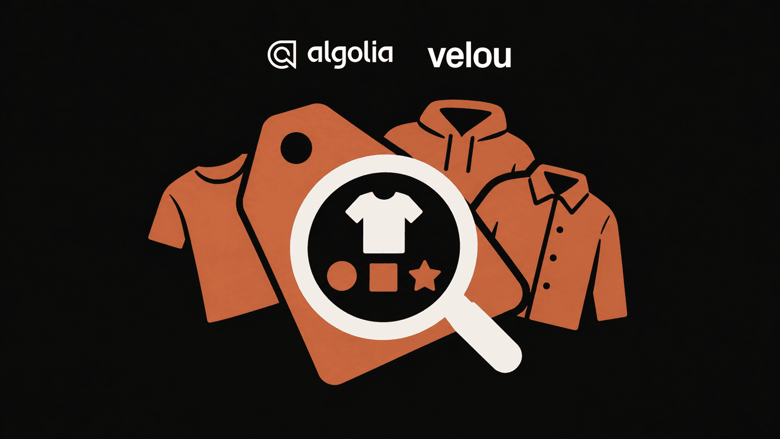 Algolia and Velou logos appear above an illustrated terracotta product tag and apparel beneath a magnifying glass.
