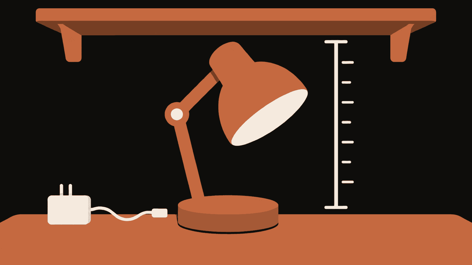 A terracotta desk lamp sits beneath a shelf beside a height gauge and a separate power adapter.