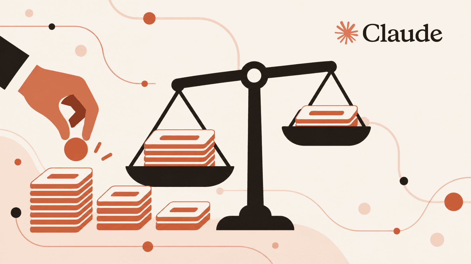 Task stacks and a human rating token beside a balance scale represent classifying and weighting work, with the authentic Claude logo.