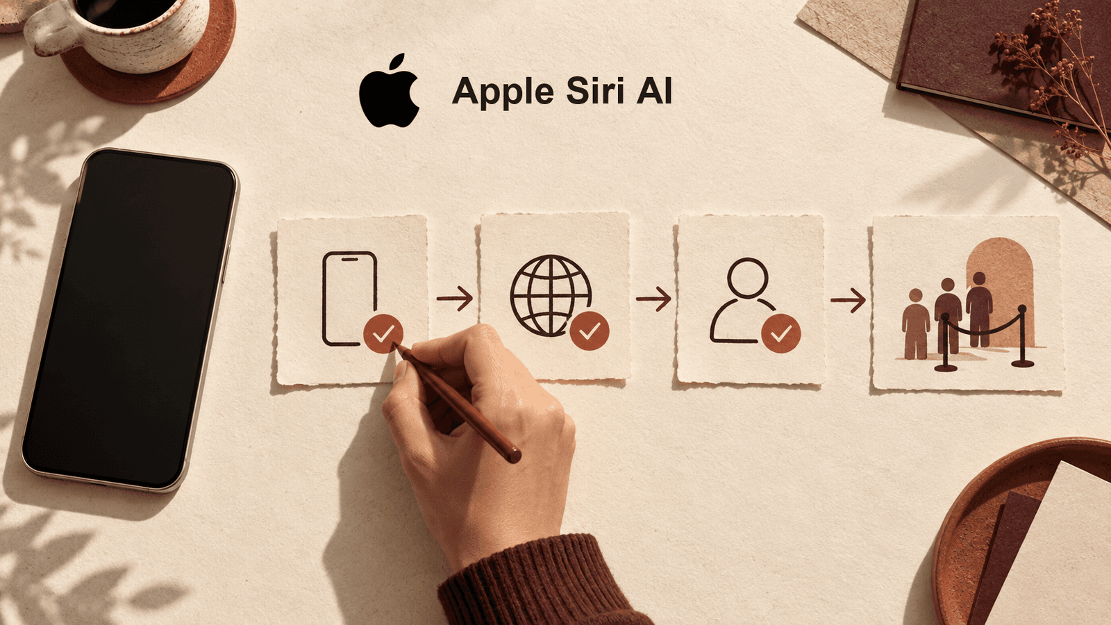 Editorial illustration of Siri AI beta eligibility checks for a device and account
