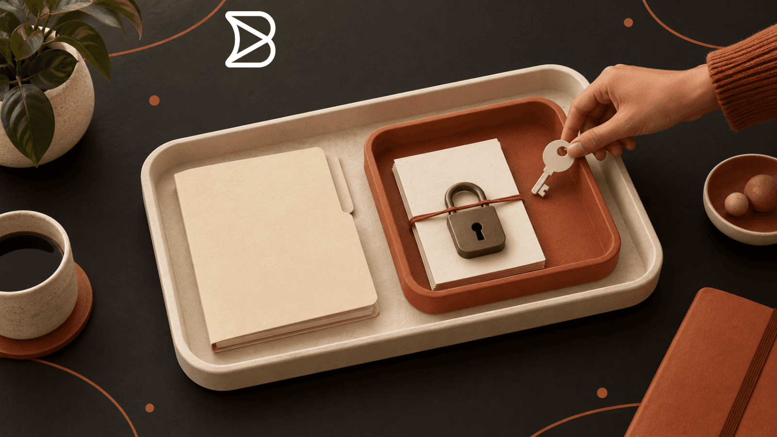A hand returns a key to a locked task inside its own nested work tray, separate from the surrounding workspace.