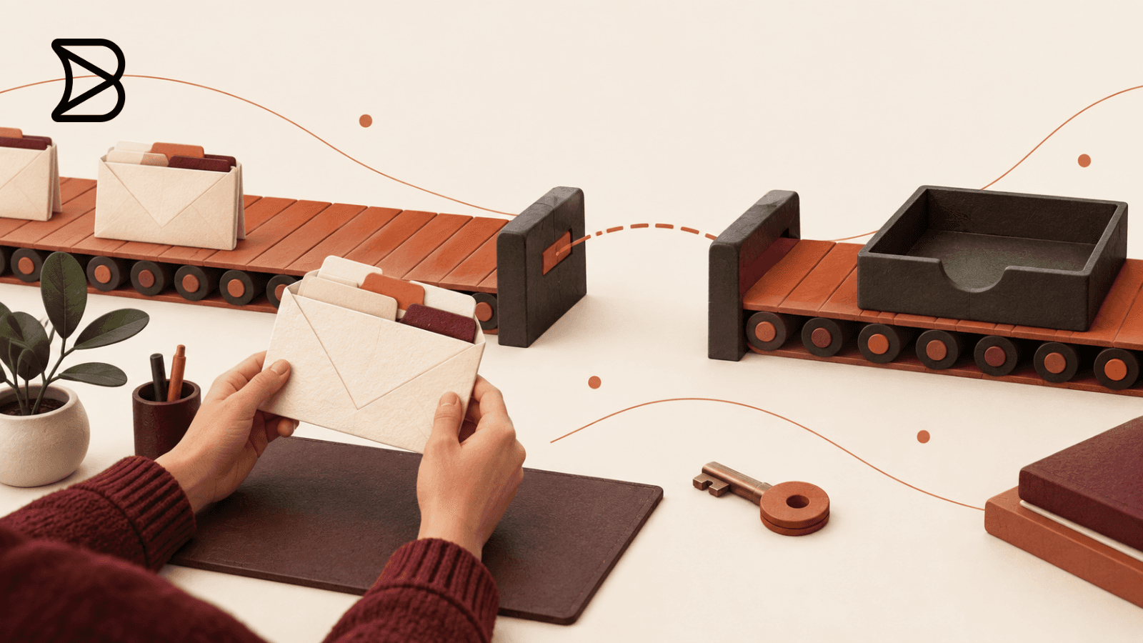 A person examines a saved document beside a gap in a terracotta conveyor before continuing the handoff.