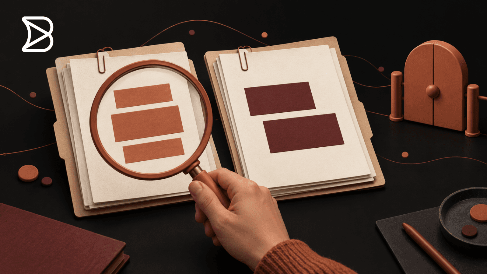 A person compares two document packets under a magnifying glass beside a closed terracotta gate.