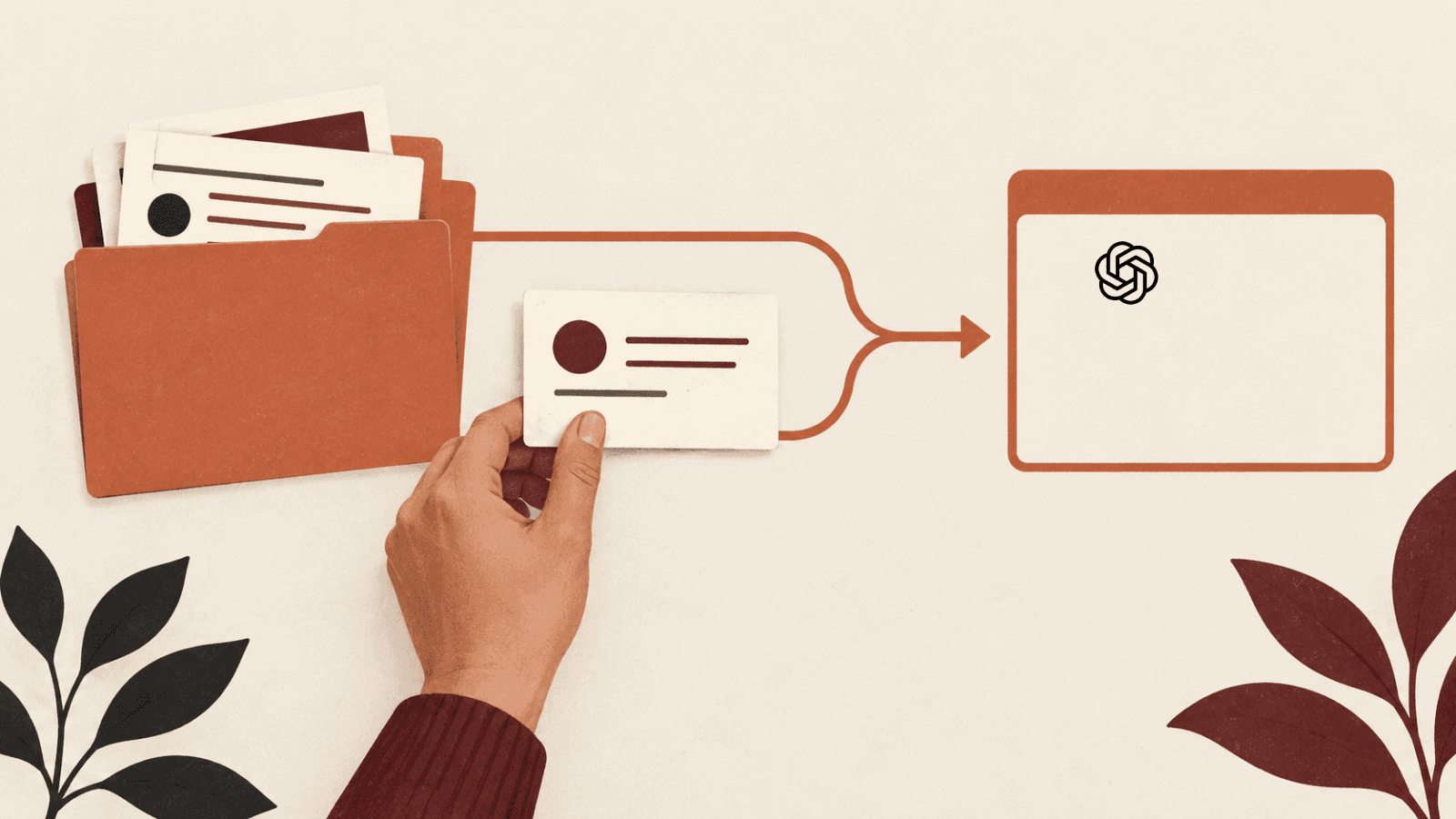 A hand aligns a source folder and metric card before a path leads to an empty dashboard frame.