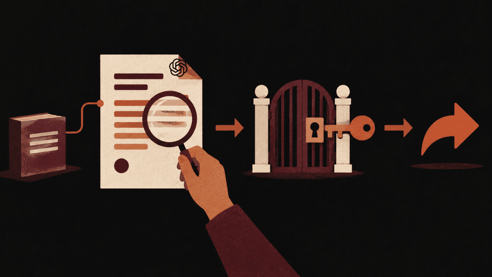 A reviewer examines an analysis sheet, checks it against a source ledger and access gate, then considers a separate sharing step.