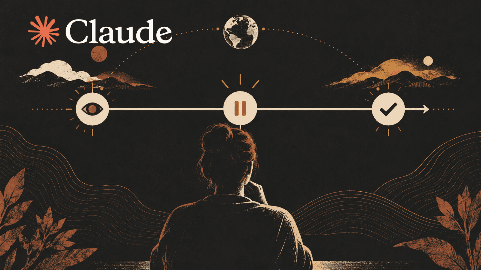 A Claude-branded session timeline on a dark field marks observe, pause and verify above an operator silhouette.