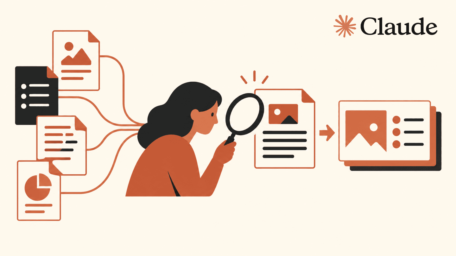 Claude’s authentic wordmark identifies an editorial illustration of a person checking work before a report handoff.