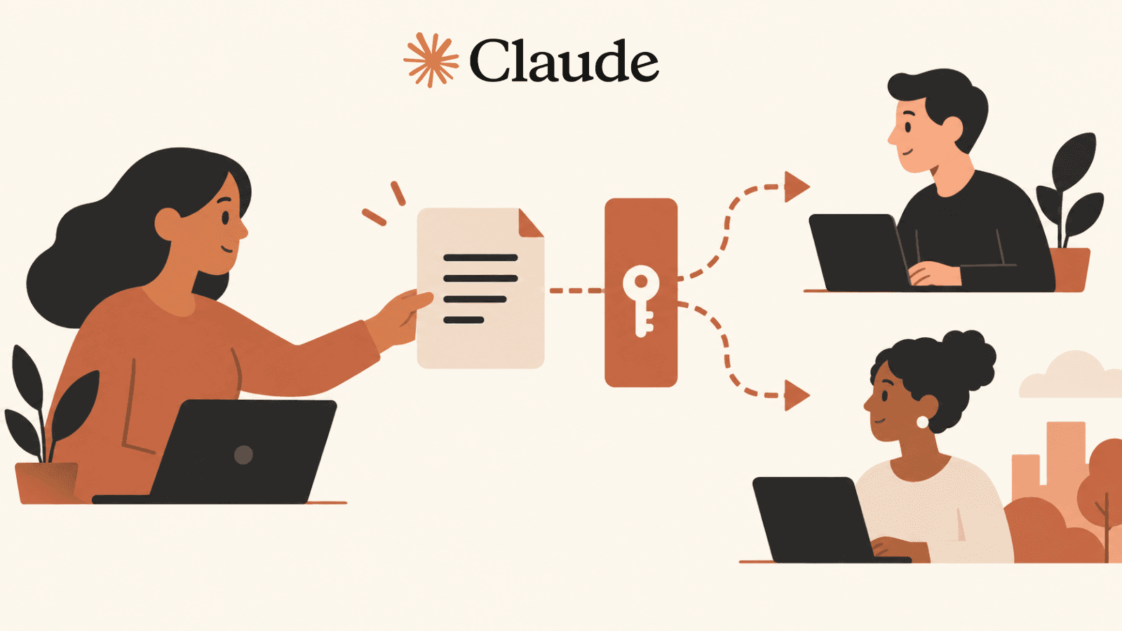 Claude’s authentic wordmark identifies a person checking document access before sharing.