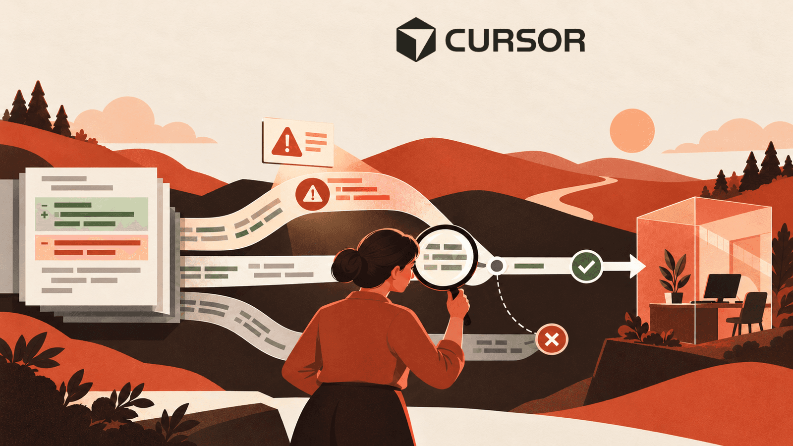 Cursor Security Review article illustration showing a human evaluating a flagged code path before approving an outcome.