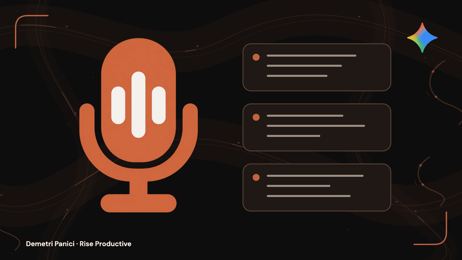 Orange microphone beside three episode cards on a dark background, with a small Gemini mark.