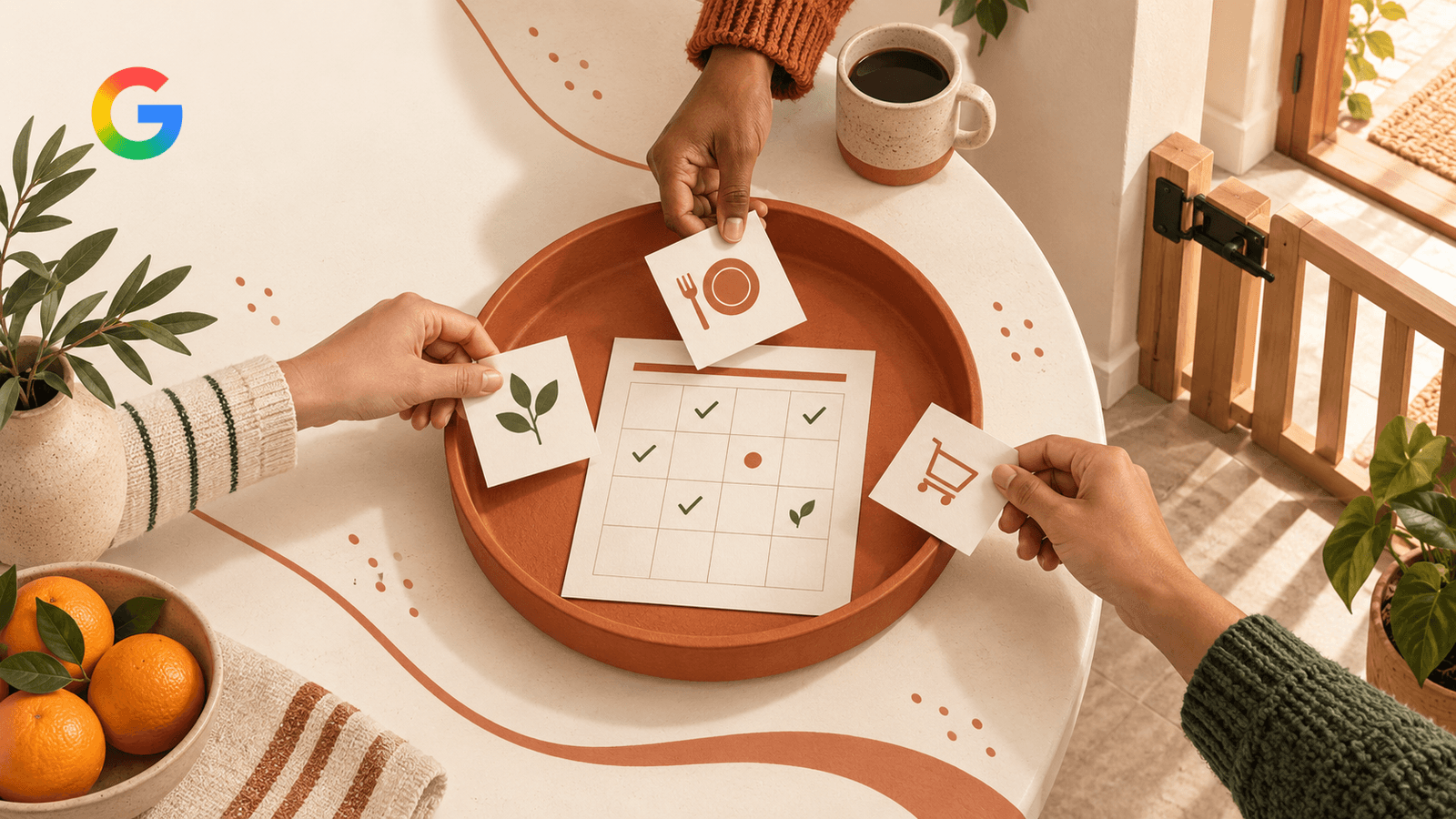 Three adults select notes into a shared household planning tray, with a closed gate marking a separate outside-action boundary.