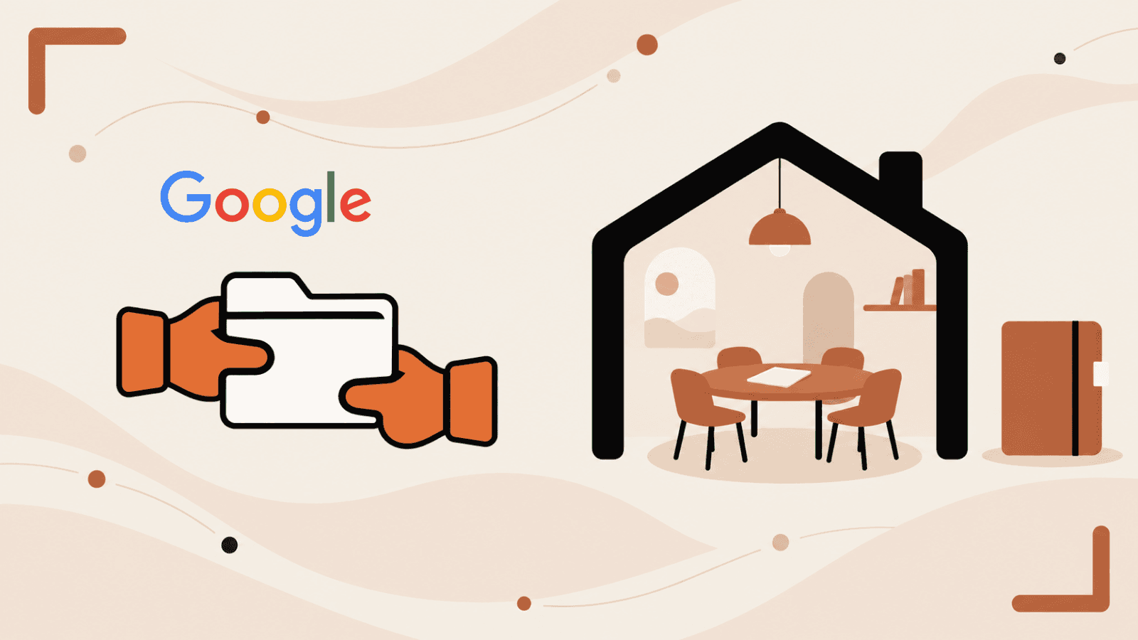 An authentic Google wordmark and handoff symbol accompany a household plan and a separate closed notebook.