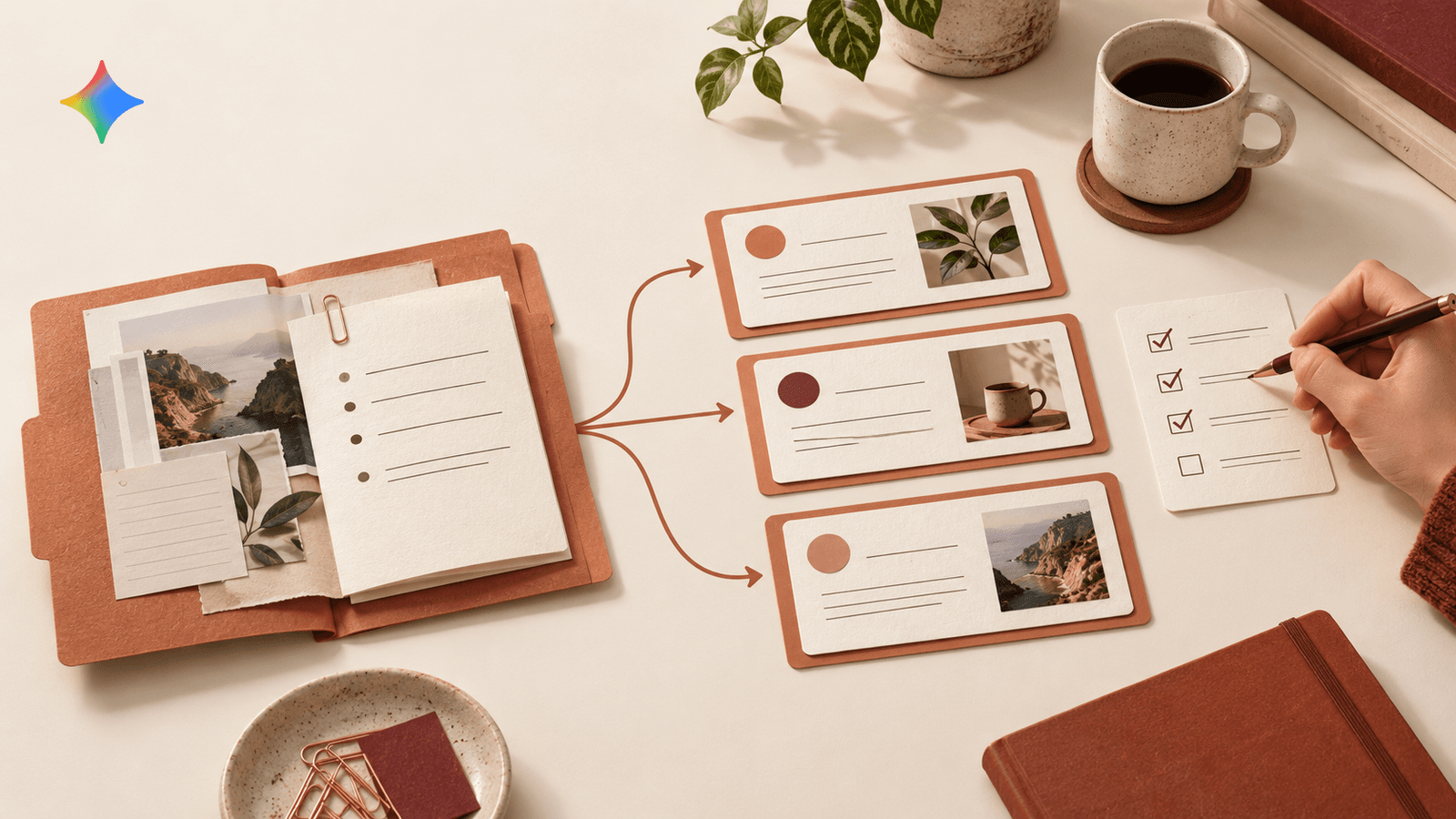 An illustrated folder of reusable instructions branches into three task cards beside a hand checking a workflow list; the Gemini logo sits in the upper-left corner.