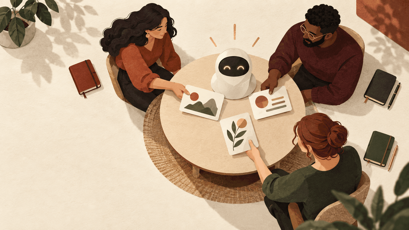 Several teammates contribute a small set of shared reference cards to one central Bot, while each keeps a separate private notebook.