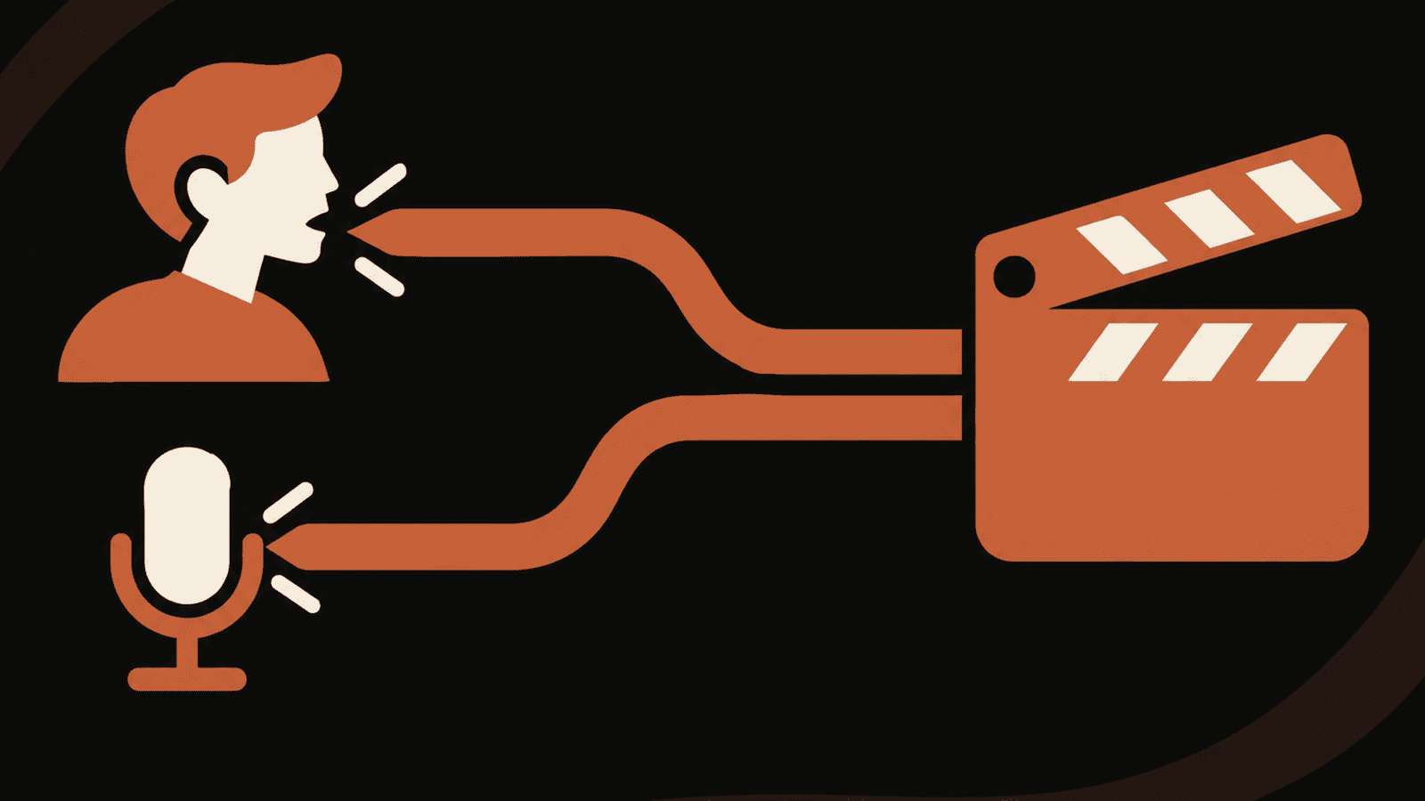Editorial illustration of a speaker and microphone taking separate paths toward a video clapperboard.