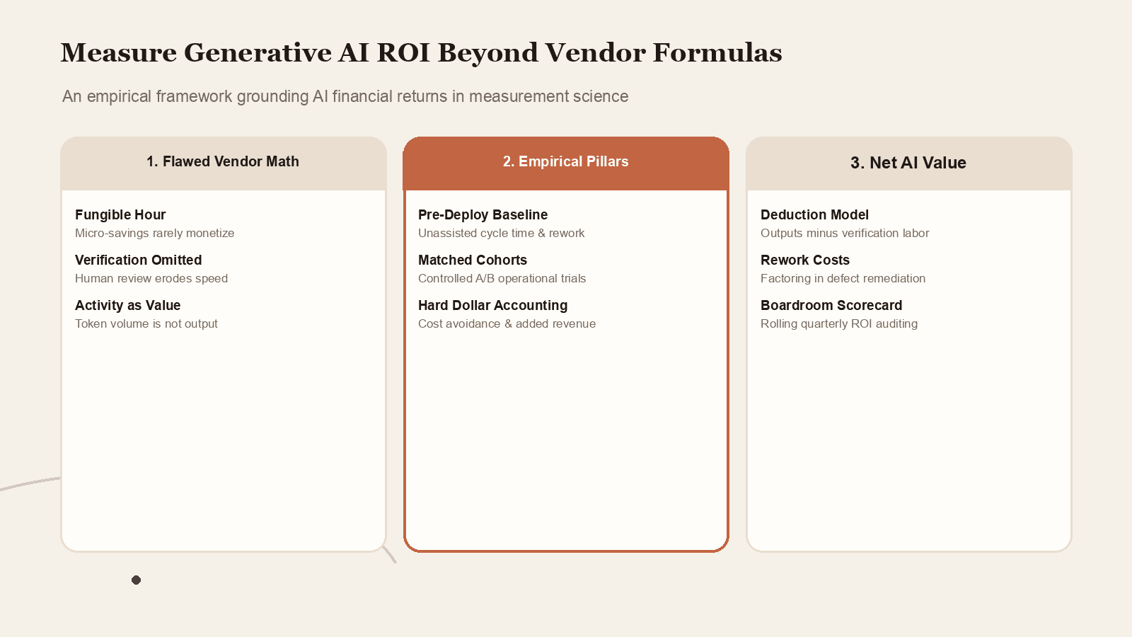 How to measure generative AI ROI beyond vendor formulas through empirical measurement science and net value accounting.