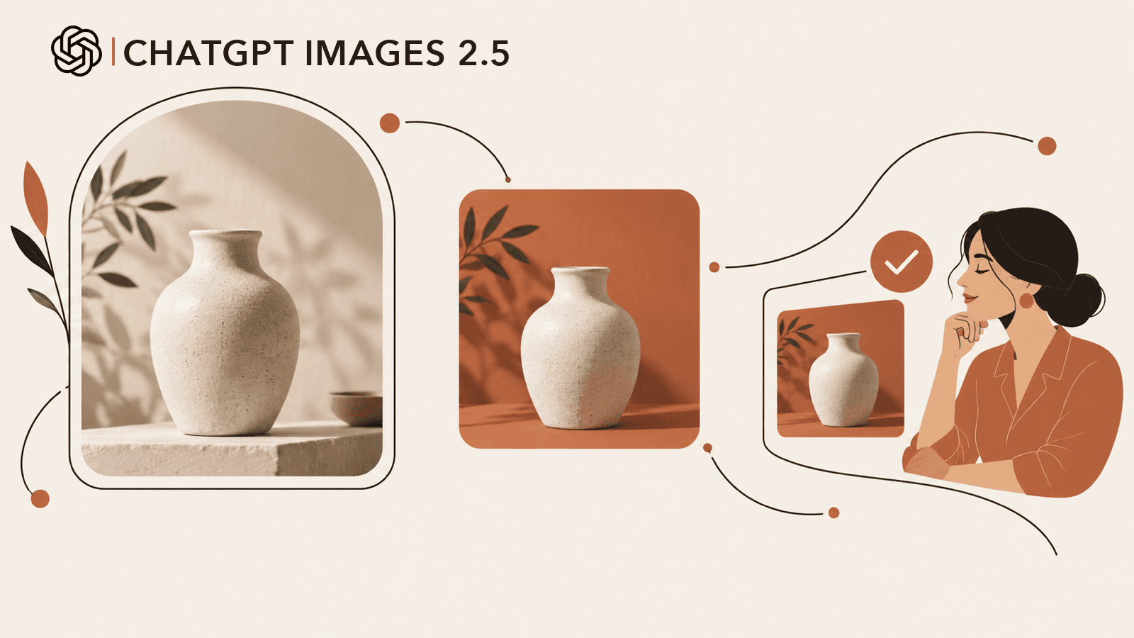 ChatGPT Images 2.5 is shown editing a reference vase, followed by a human review of the result.