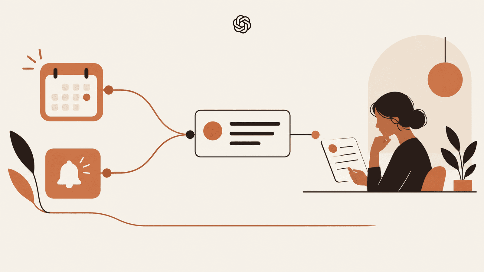 An official OpenAI Blossom mark sits above an editorial illustration where scheduled and event cues lead to a shared task for human review.