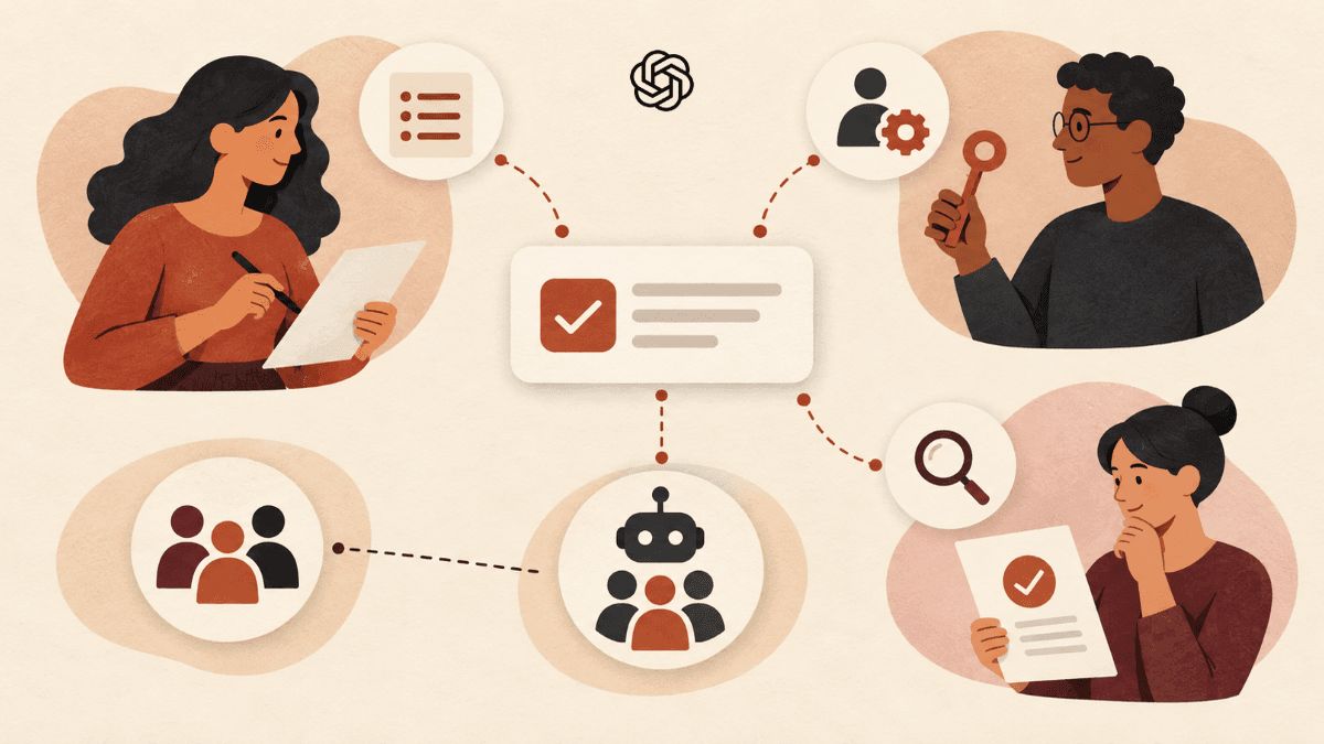 An official OpenAI Blossom mark sits above an editorial illustration of a shared task, separate access roles, and a human reviewer.