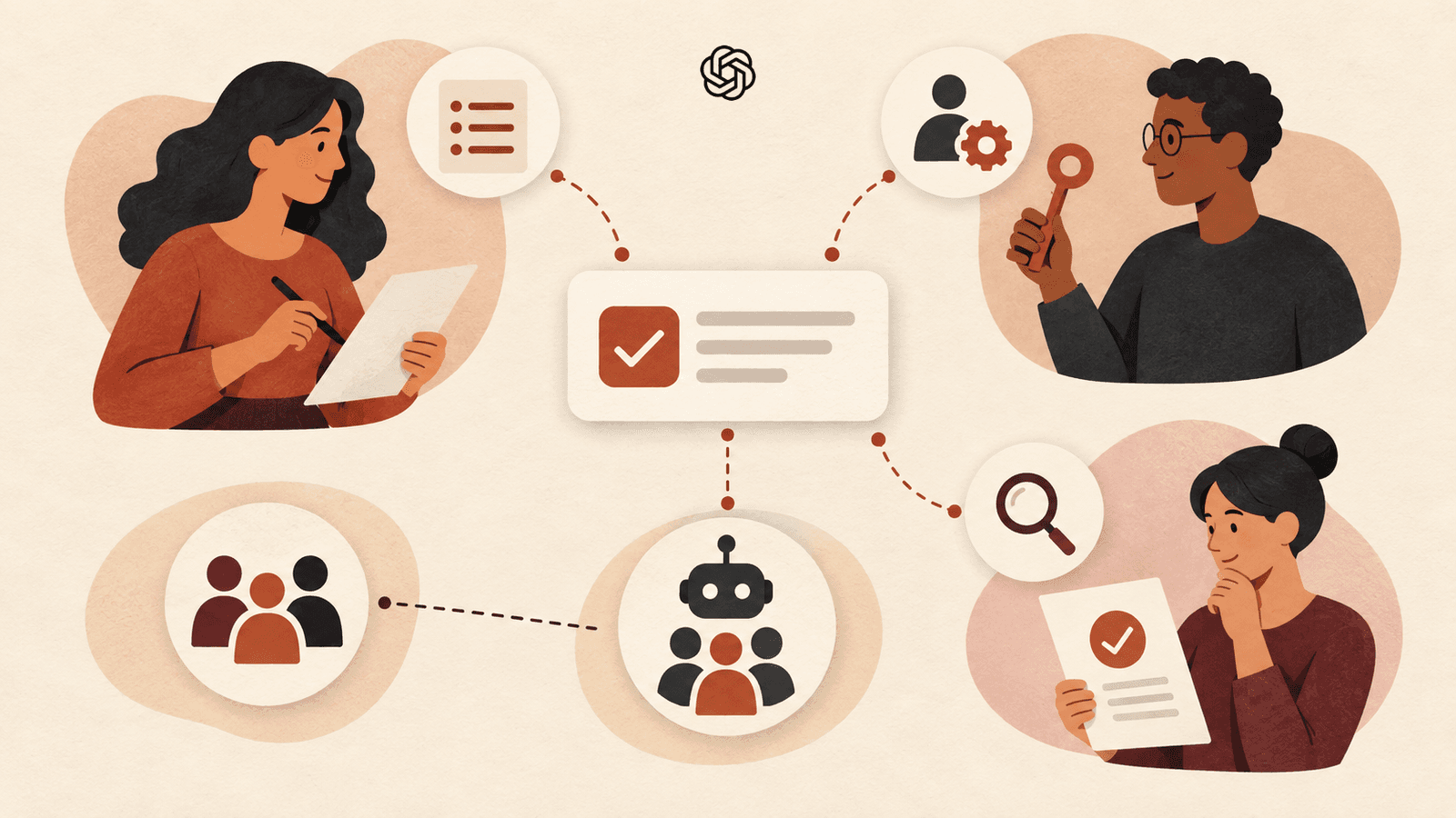 An official OpenAI Blossom mark sits above an editorial illustration of a shared task, separate access roles, and a human reviewer.