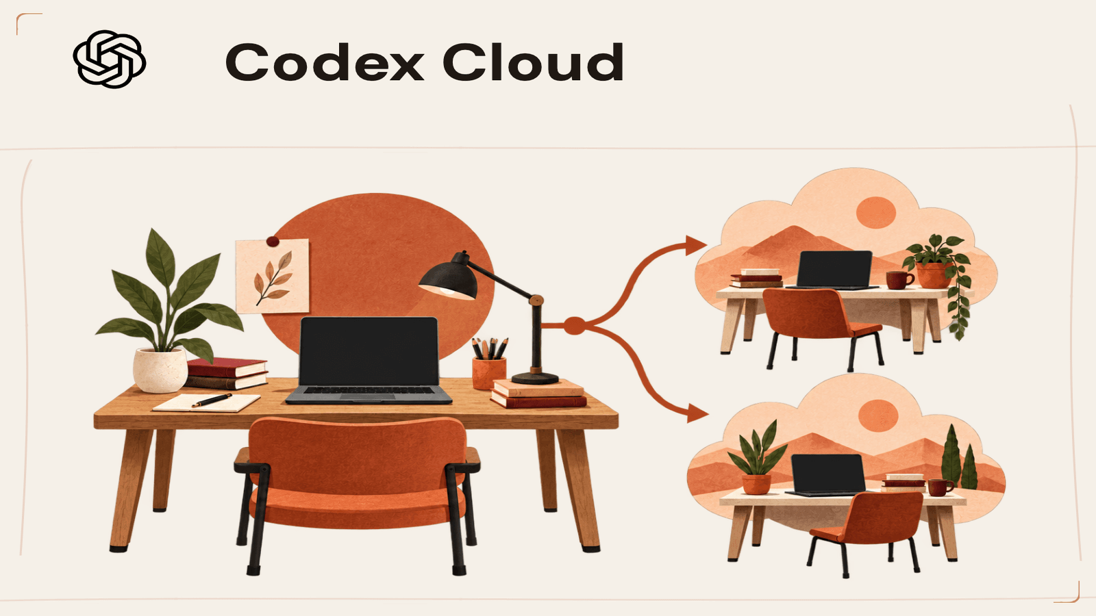 Conceptual terracotta browser doorway and cloud environment baseline branching toward isolated tasks, with an official OpenAI mark attribution chip.