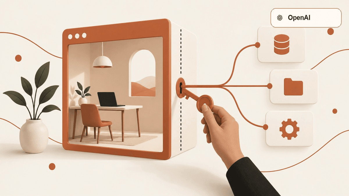 Conceptual terracotta browser doorway and key branching toward bounded data containers, with an official OpenAI mark attribution chip.