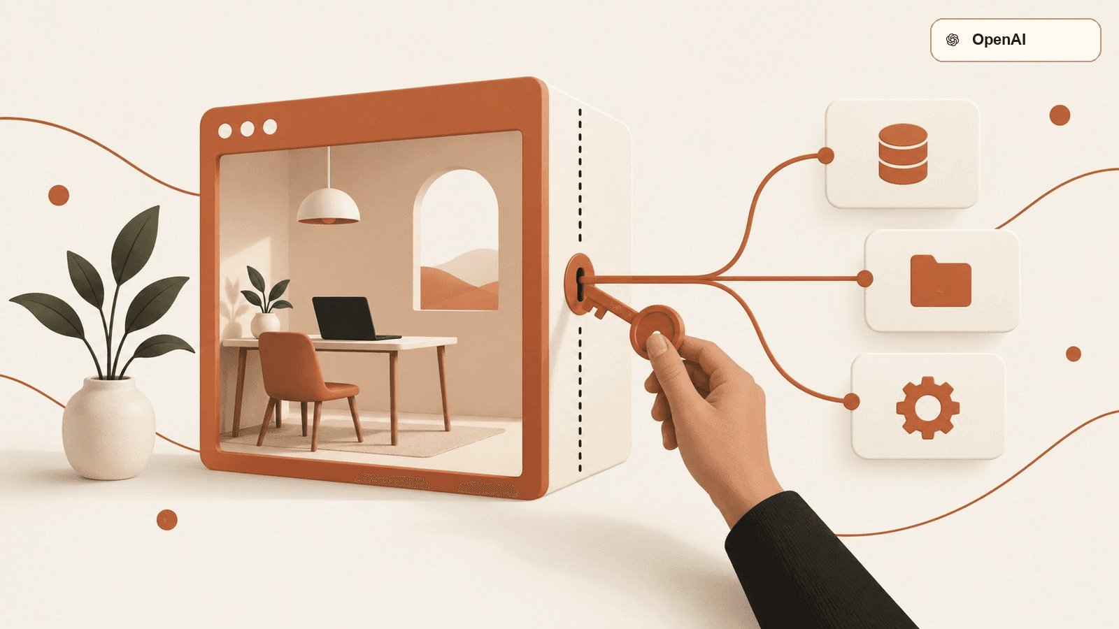 Conceptual terracotta browser doorway and key branching toward bounded data containers, with an official OpenAI mark attribution chip.
