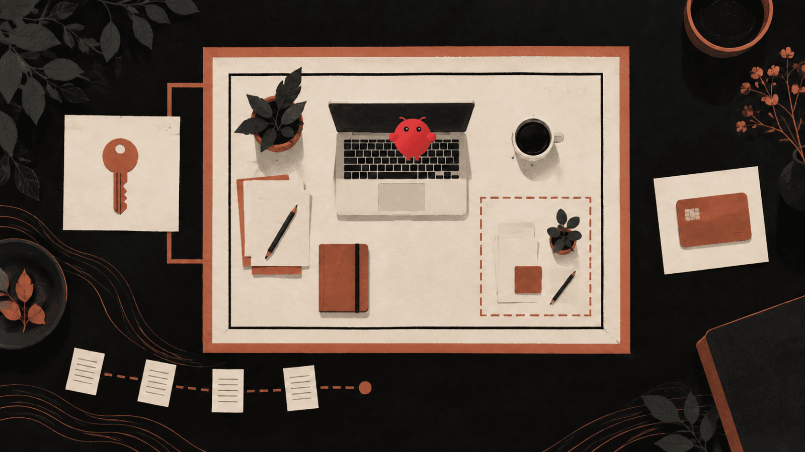 An overhead workspace arranges a laptop, key, credential card and audit papers across separate operating boundaries, with the official OpenClaw mark on the laptop.