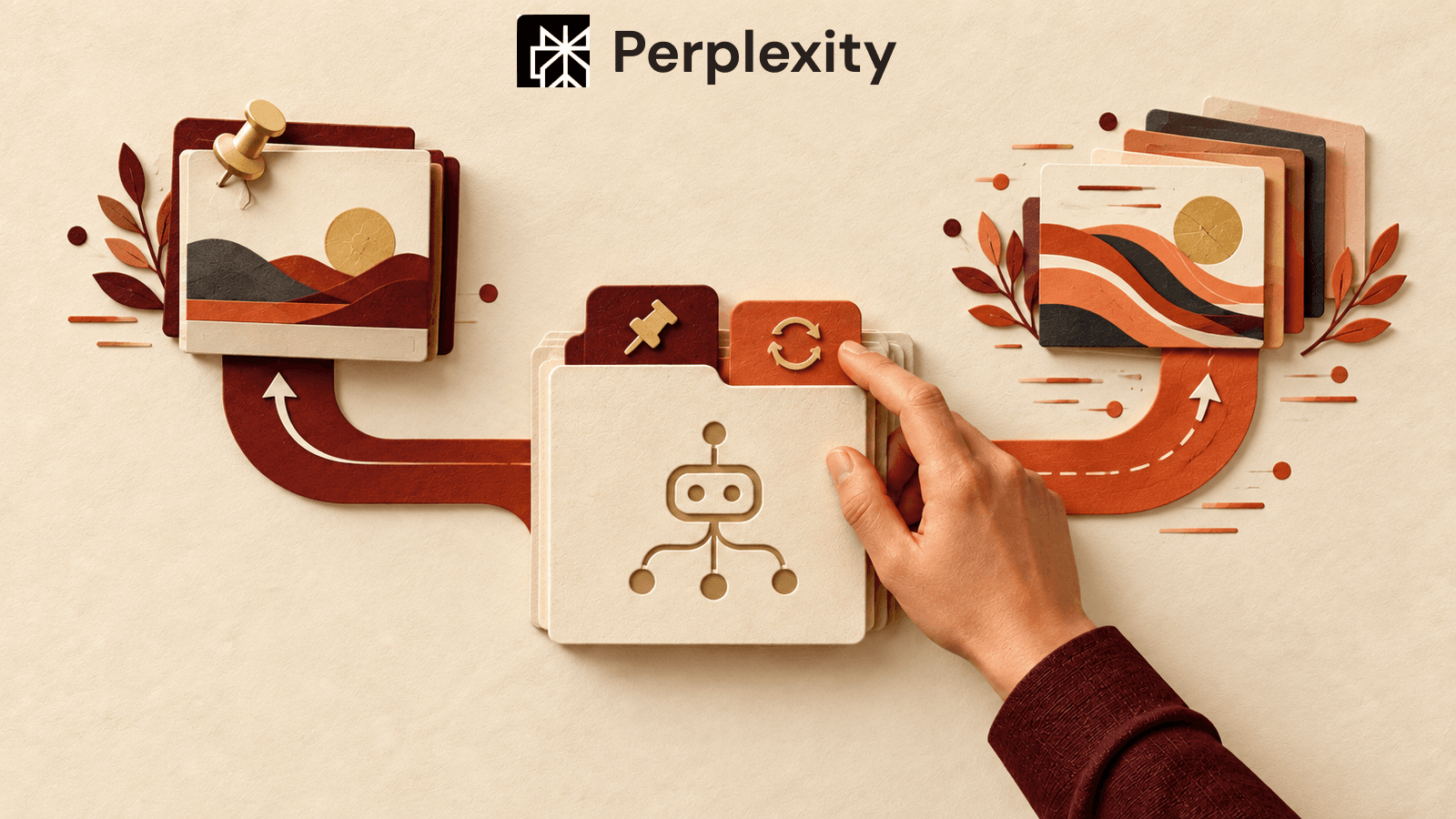 Rise Productive cover with the Perplexity mark and an illustration of an agent Profile branching into a pinned version or latest, with a person choosing the release path.