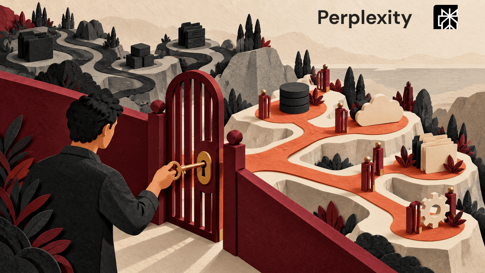 Rise Productive cover with the Perplexity mark and a person unlocking a shared connector gate linking several work apps.
