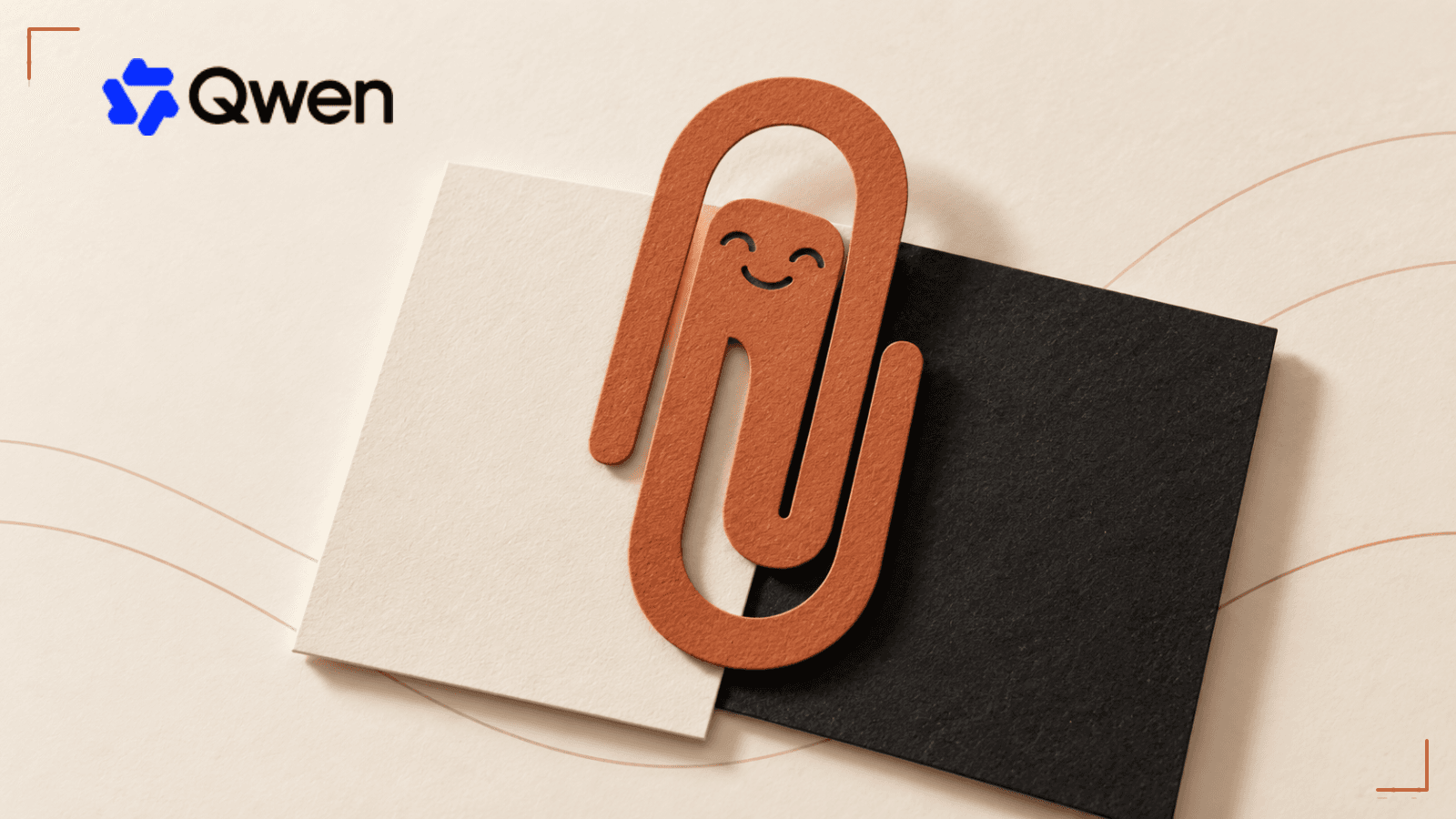 The authentic Qwen mark accompanies an editorial paperclip cutout on light and dark design surfaces.