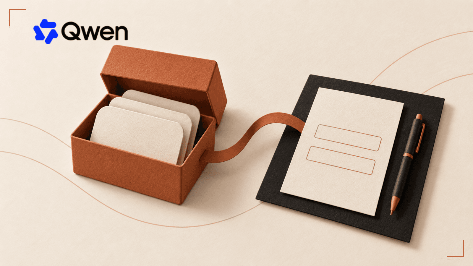 The authentic Qwen mark accompanies an editorial materials package beside an unsigned agreement.