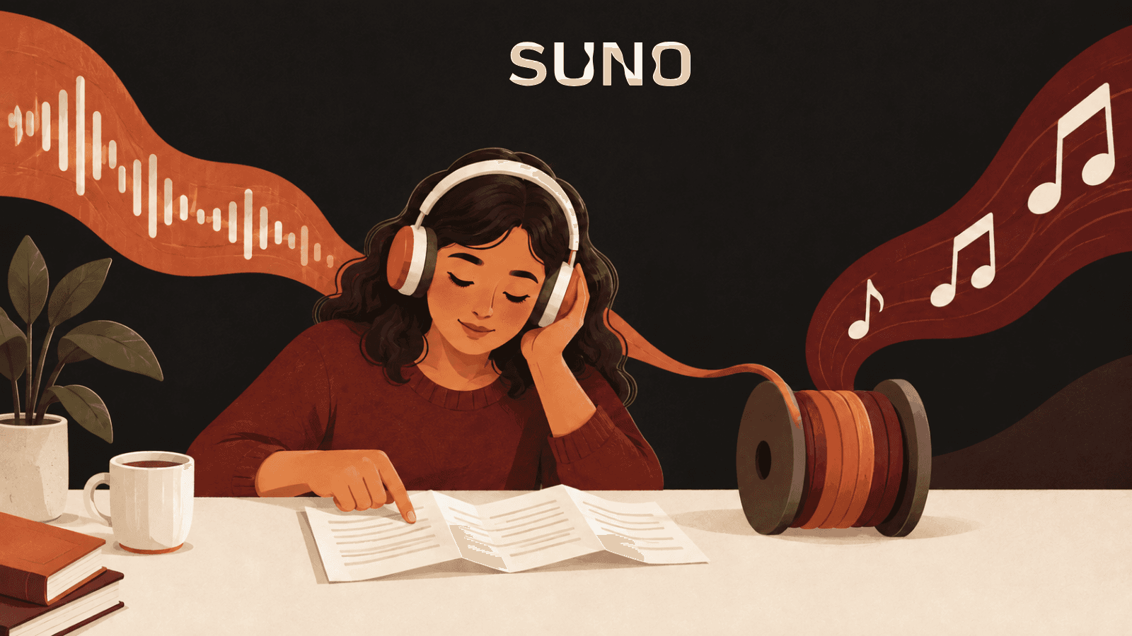 A listener compares a saved script with a combined voice-and-music concept while wearing headphones.