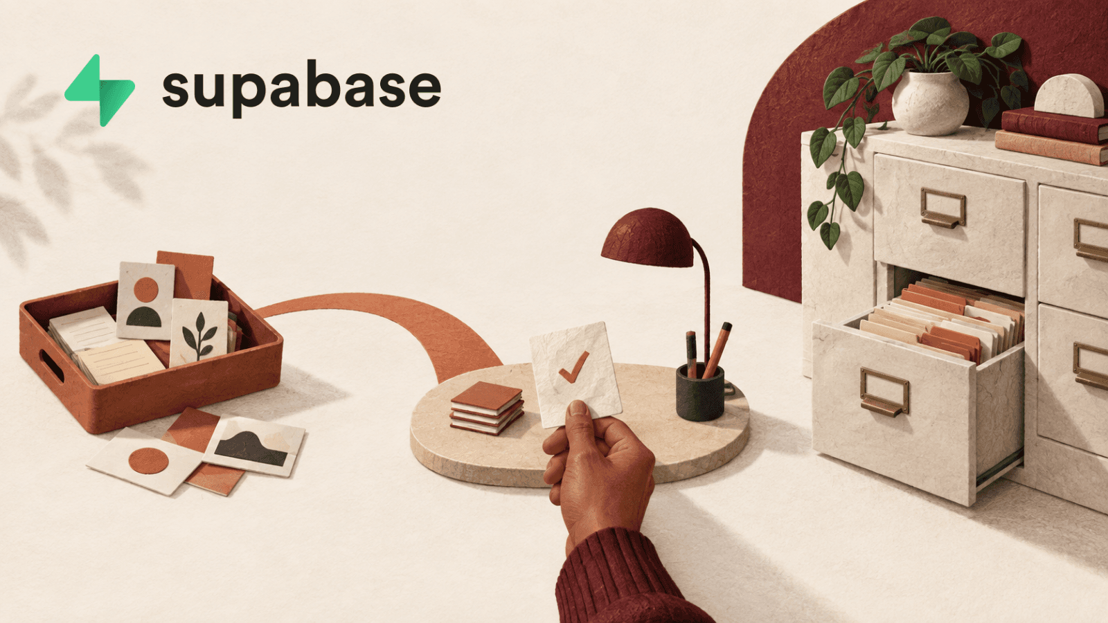 A hand checks a paper record at a review desk between a temporary terracotta work tray and a durable archive cabinet, with the authentic Supabase company wordmark.