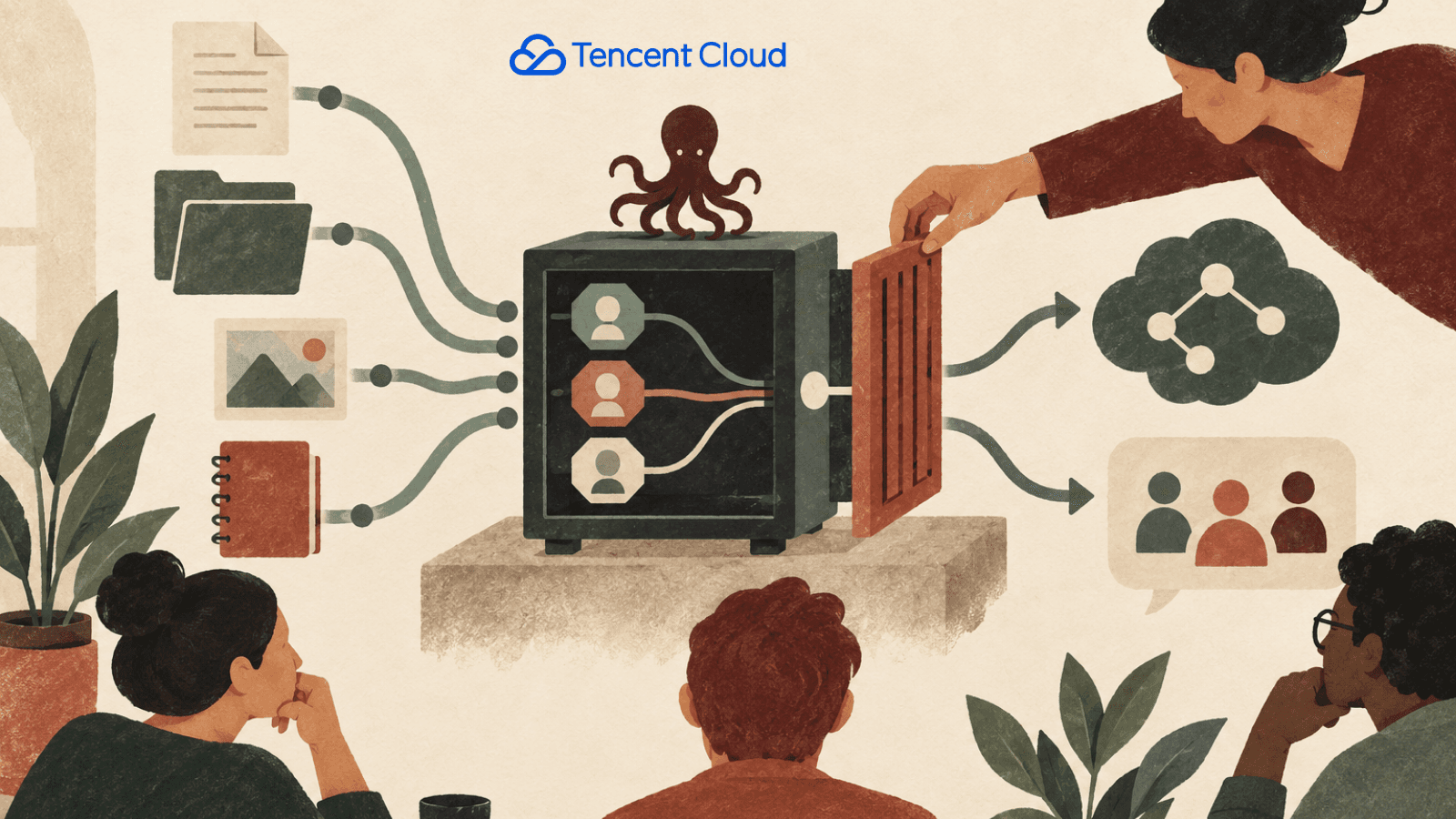 An operator opens a shared control box that connects team members, files and outside services.